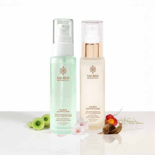 Glow Restore Ritual Set by Sacred Kosmetics featuring Vitamin C Glow Elixir and Anti-Aging Youth Elixir for radiant, youthful skin care routine.
