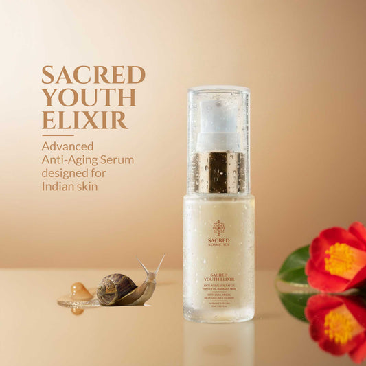 Skincare serum bottle labeled 'Sacred Youth Elixir' with snail and flower on a beige background