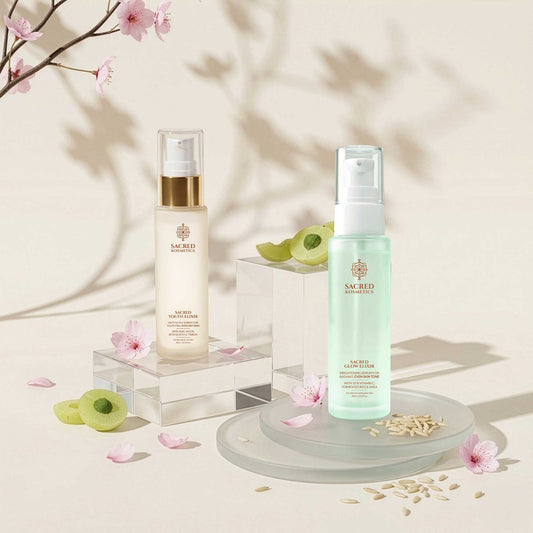 Glow Restore Ritual Set - Skincare for Radiant Complexion | Sacred Duo featuring Vitamin C and Anti-Aging Serums in elegant pump bottles.