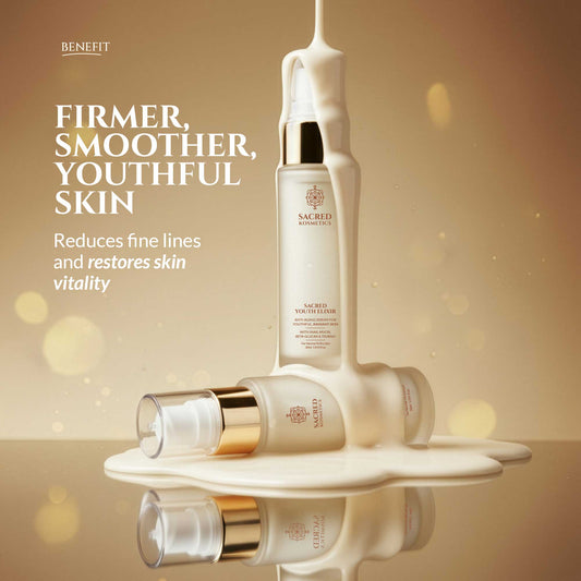 Benefit skincare products with text on a gold background