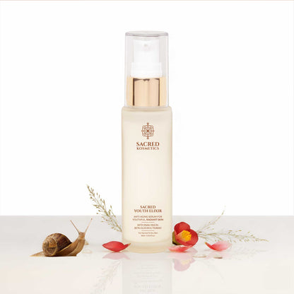 Skincare bottle labeled 'Sacred Kosmetics' on a white background with decorative elements.