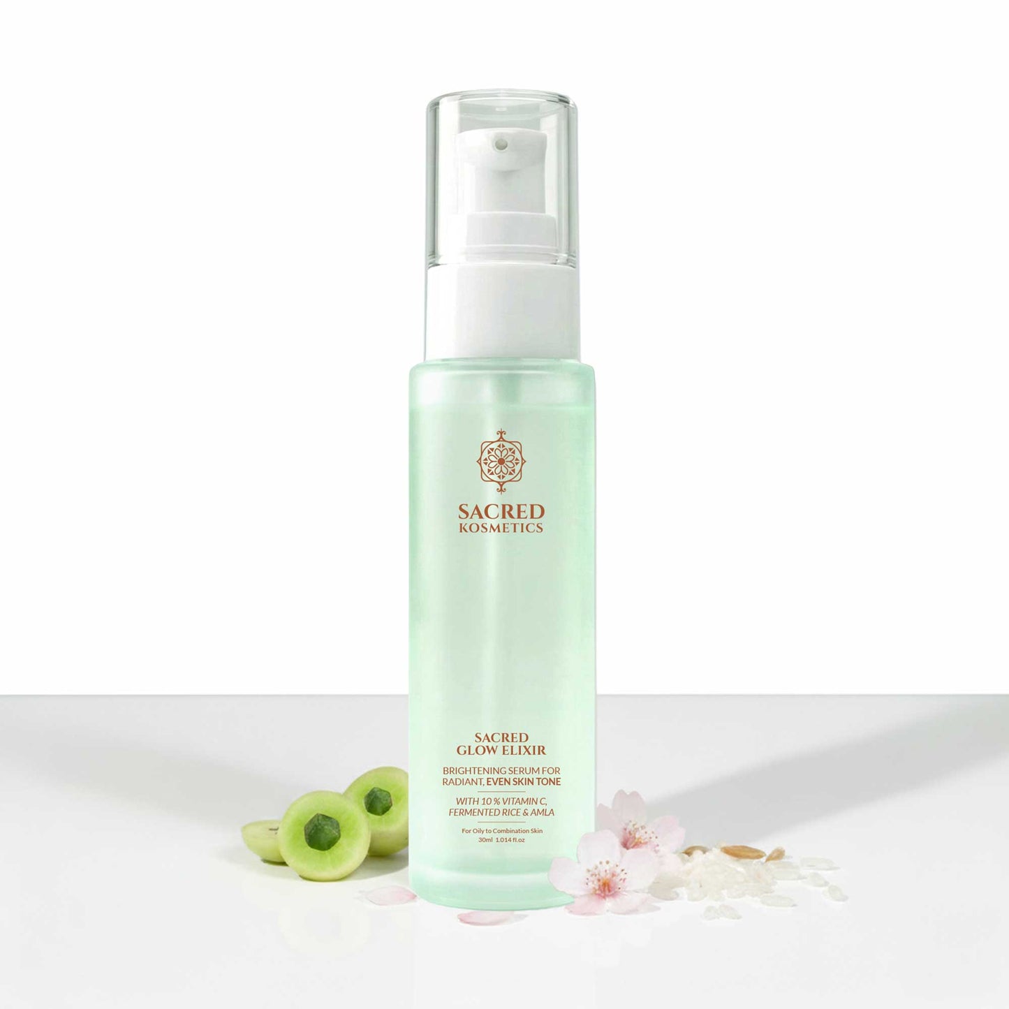 Green skincare bottle with white cap on a light background