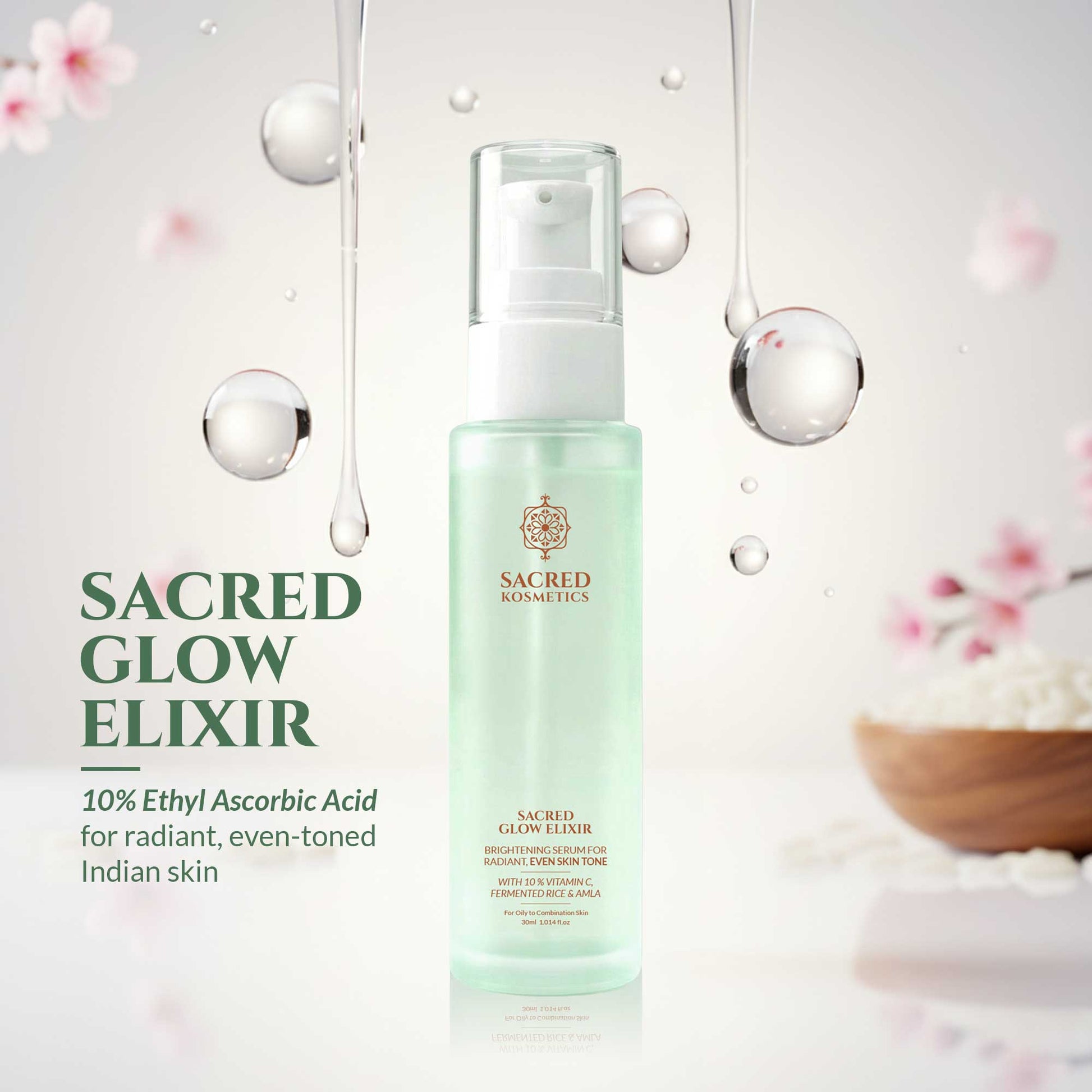 Skincare elixir bottle with 'Sacred Glow Elixir' text on a soft background
