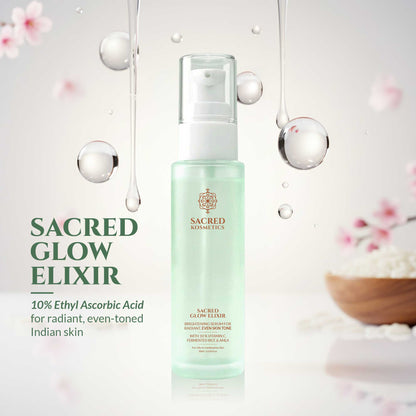 Skincare elixir bottle with 'Sacred Glow Elixir' text on a soft background