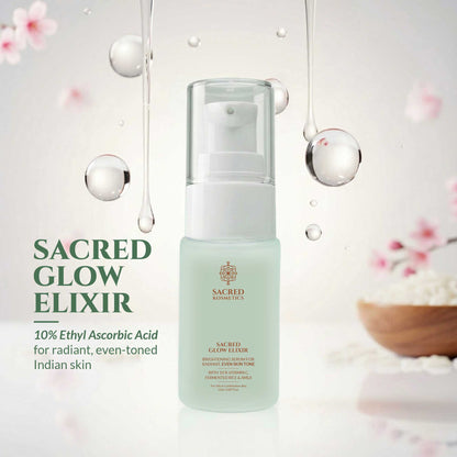 Skincare bottle labeled 'Sacred Glow Elixir' with decorative elements on a light background
