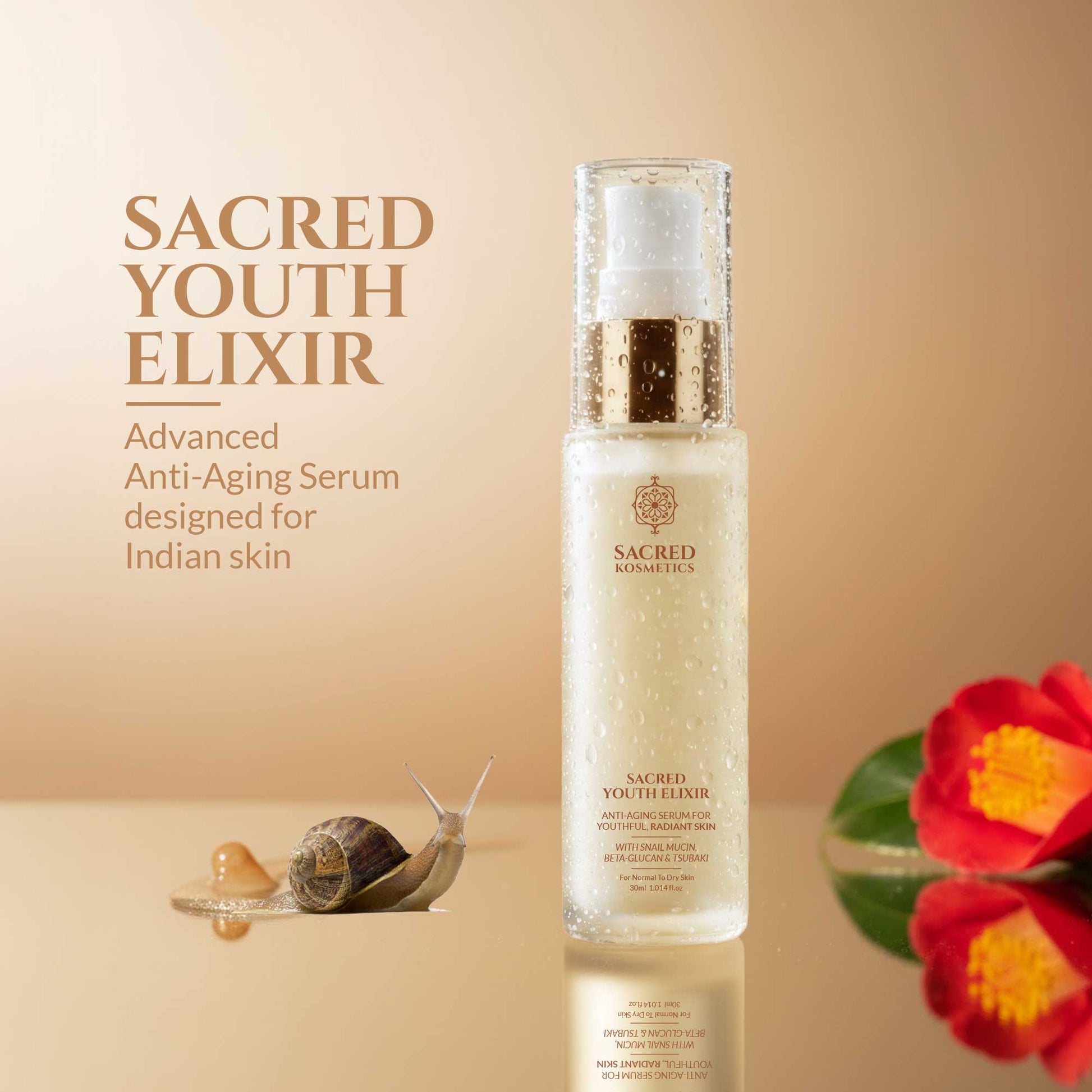 Sacred Youth Elixir serum bottle with snail and flower on a beige background