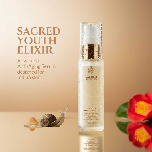 Sacred Youth Elixir serum bottle with snail and flower on a beige background