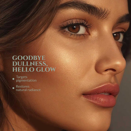 Close-up of a woman's face with text about skincare product benefits