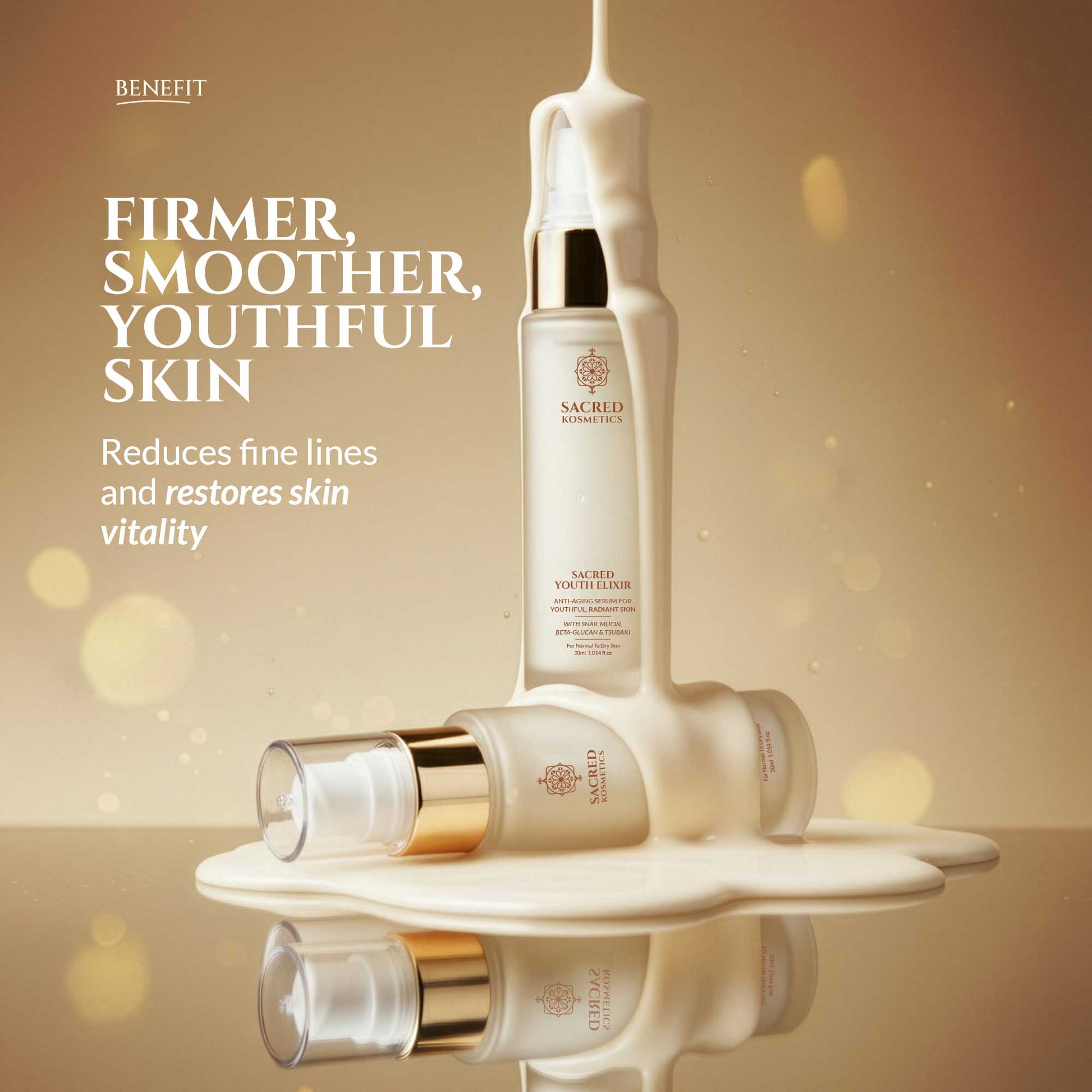 Benefit skincare products with text on a gold background