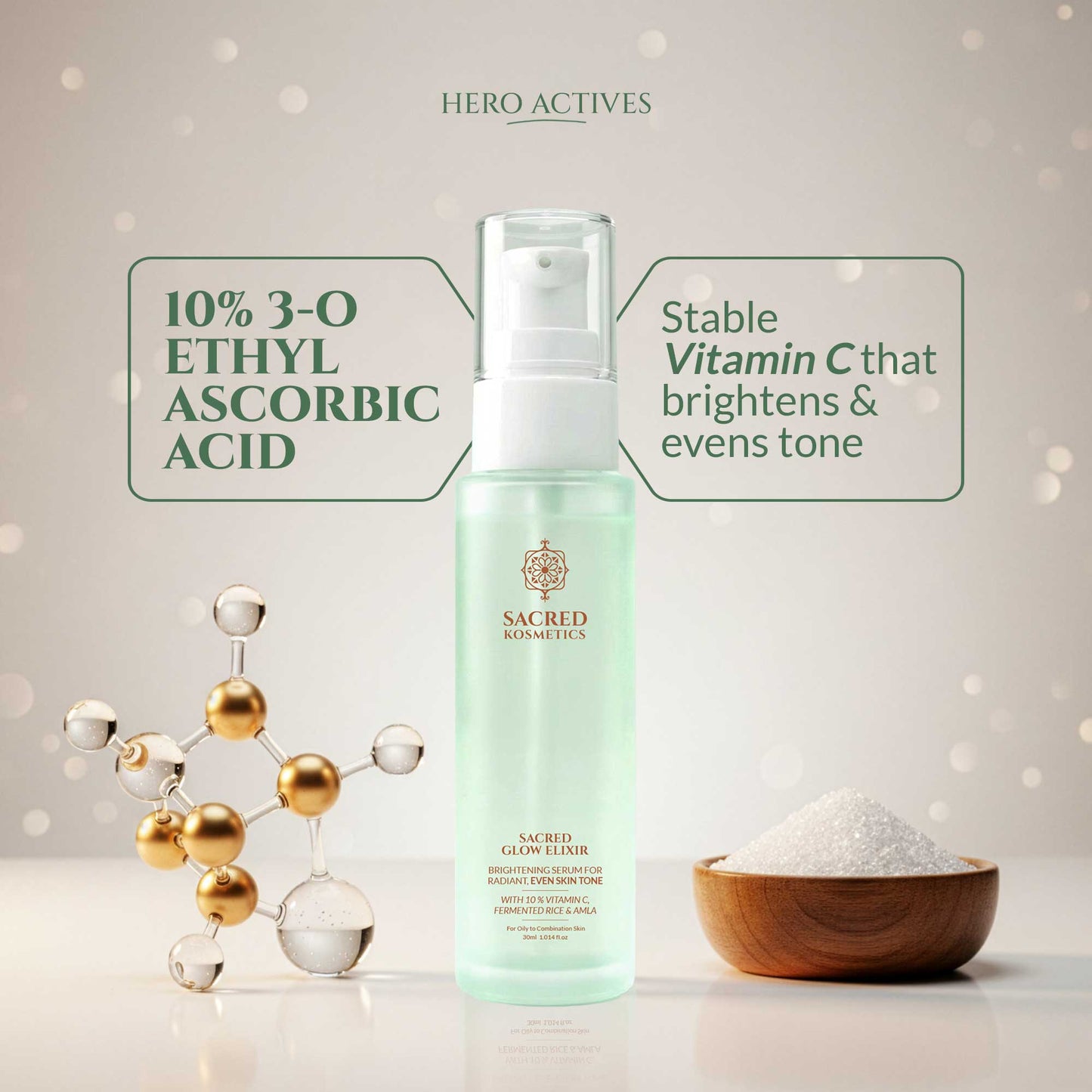 Skincare product with text about 3-O Ethyl Ascorbic Acid and stable Vitamin C on a light background.
