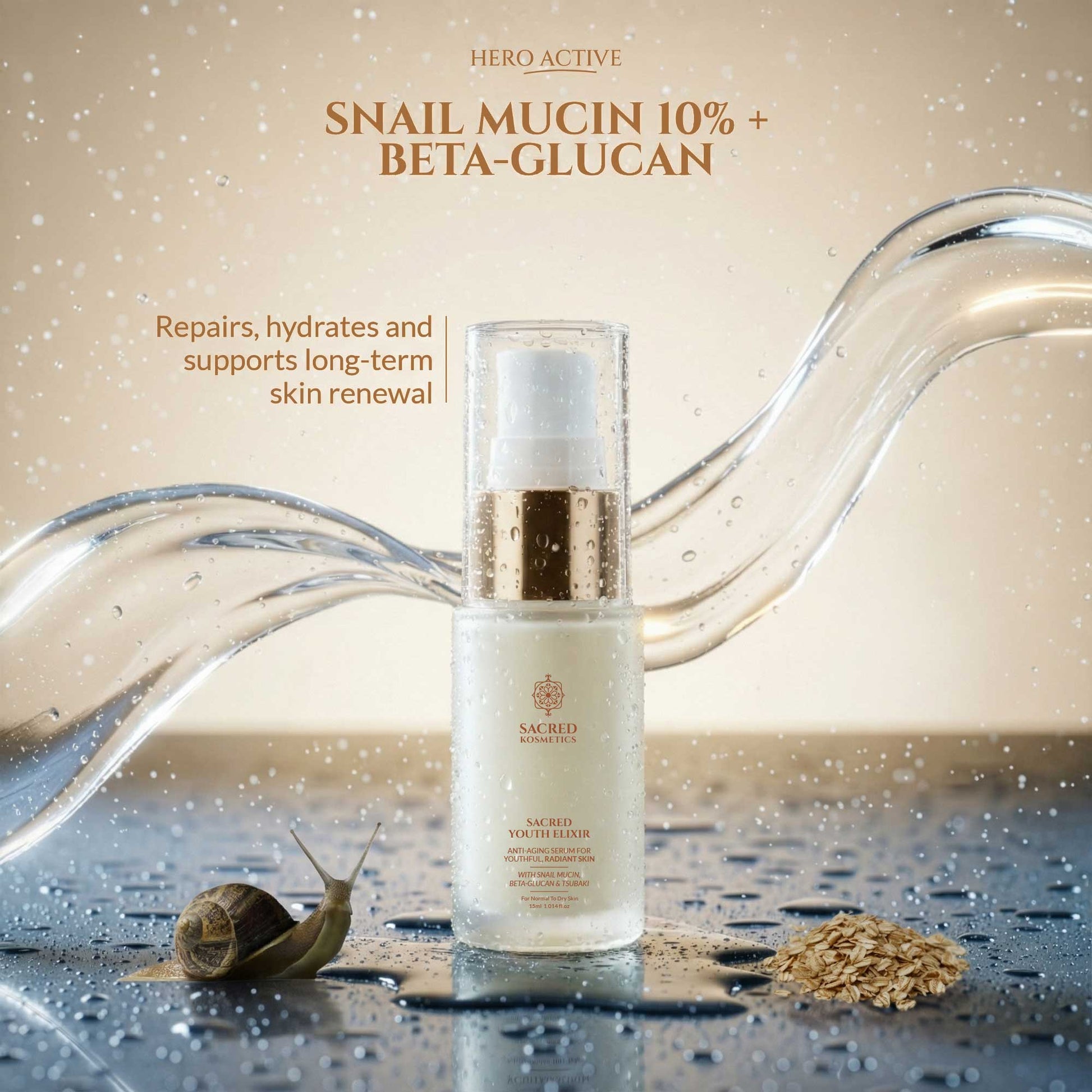 Skincare bottle with snail mucin and beta-glucan ingredients on a wet surface with a snail and seeds.
