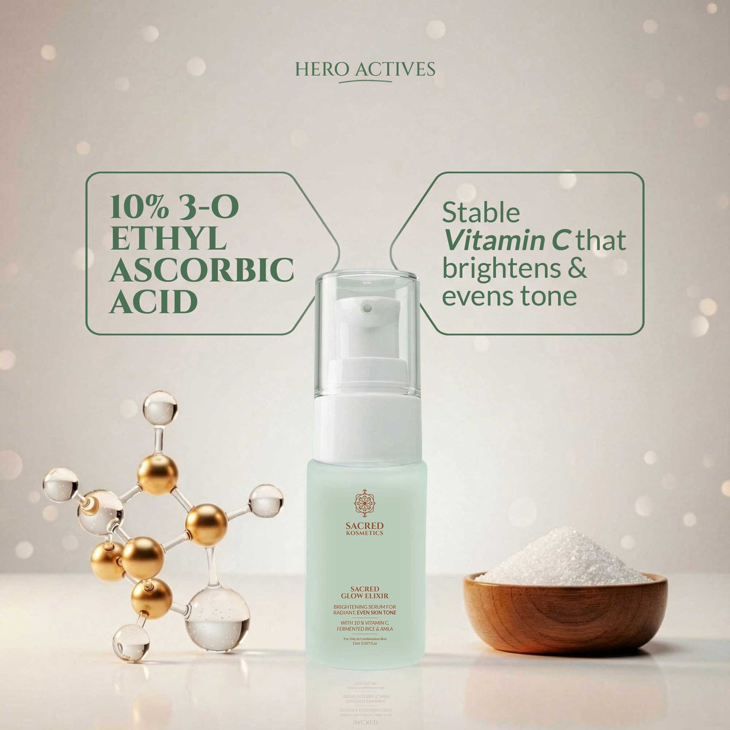 Skincare product with text about 10% 3-O Ethyl Ascorbic Acid and stable Vitamin C on a light background.