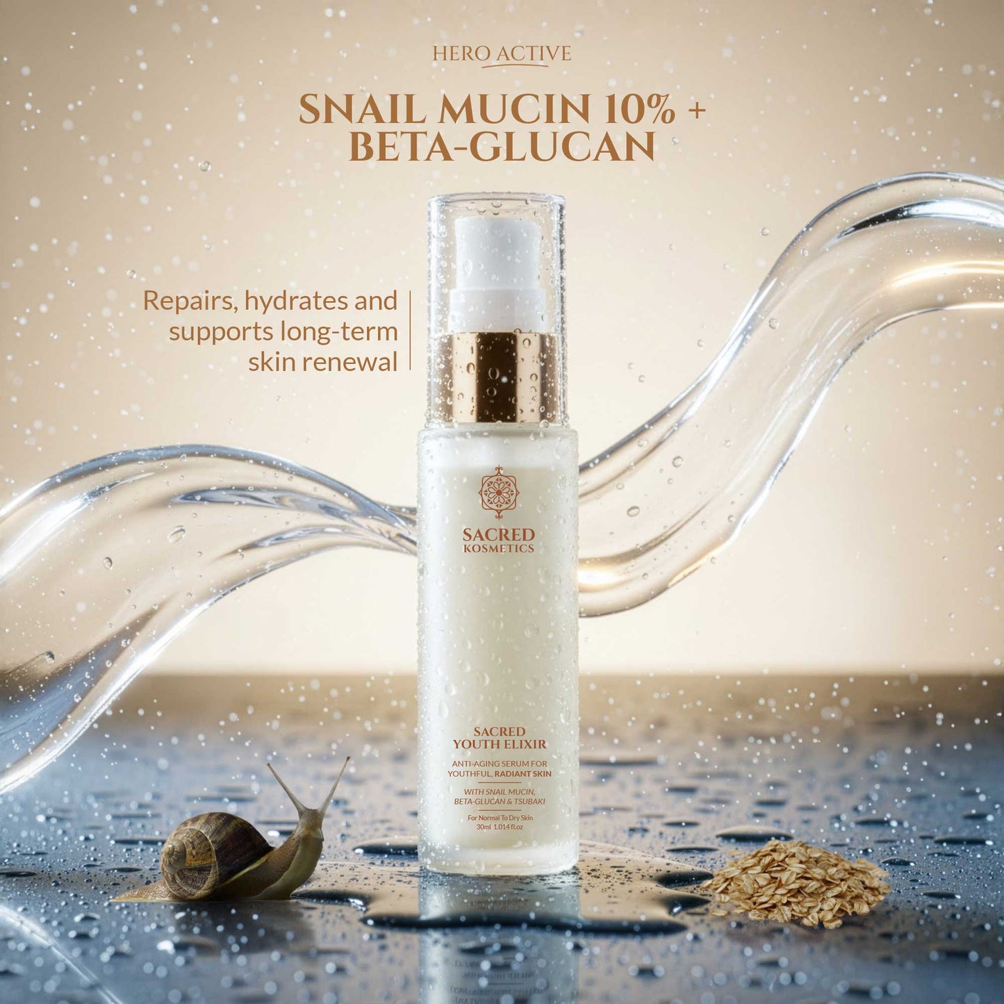 Skincare bottle with snail mucin and beta-glucan ingredients on a decorative background