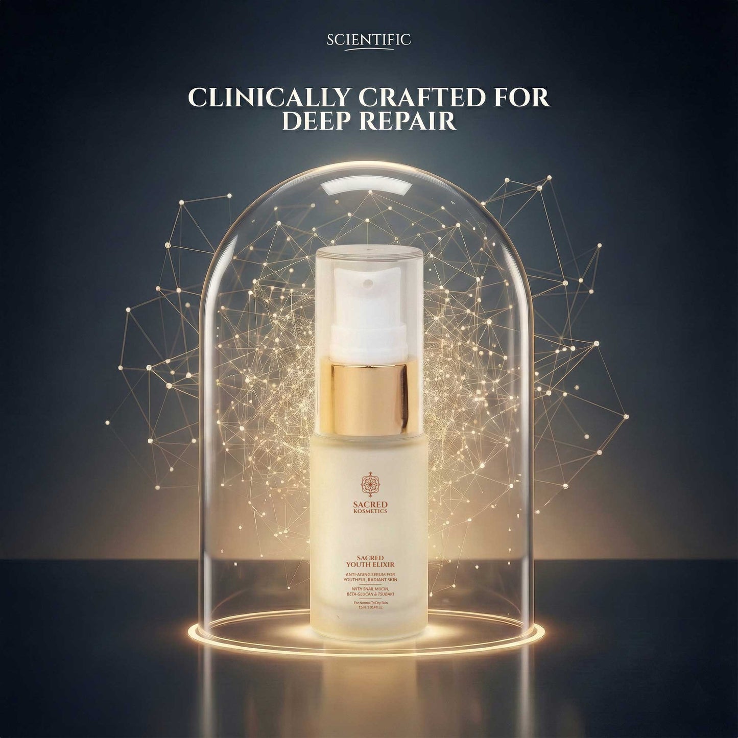 Skincare bottle under a glass dome with 'Scientific' branding and text 'Clinically Crafted for Deep Repair'.