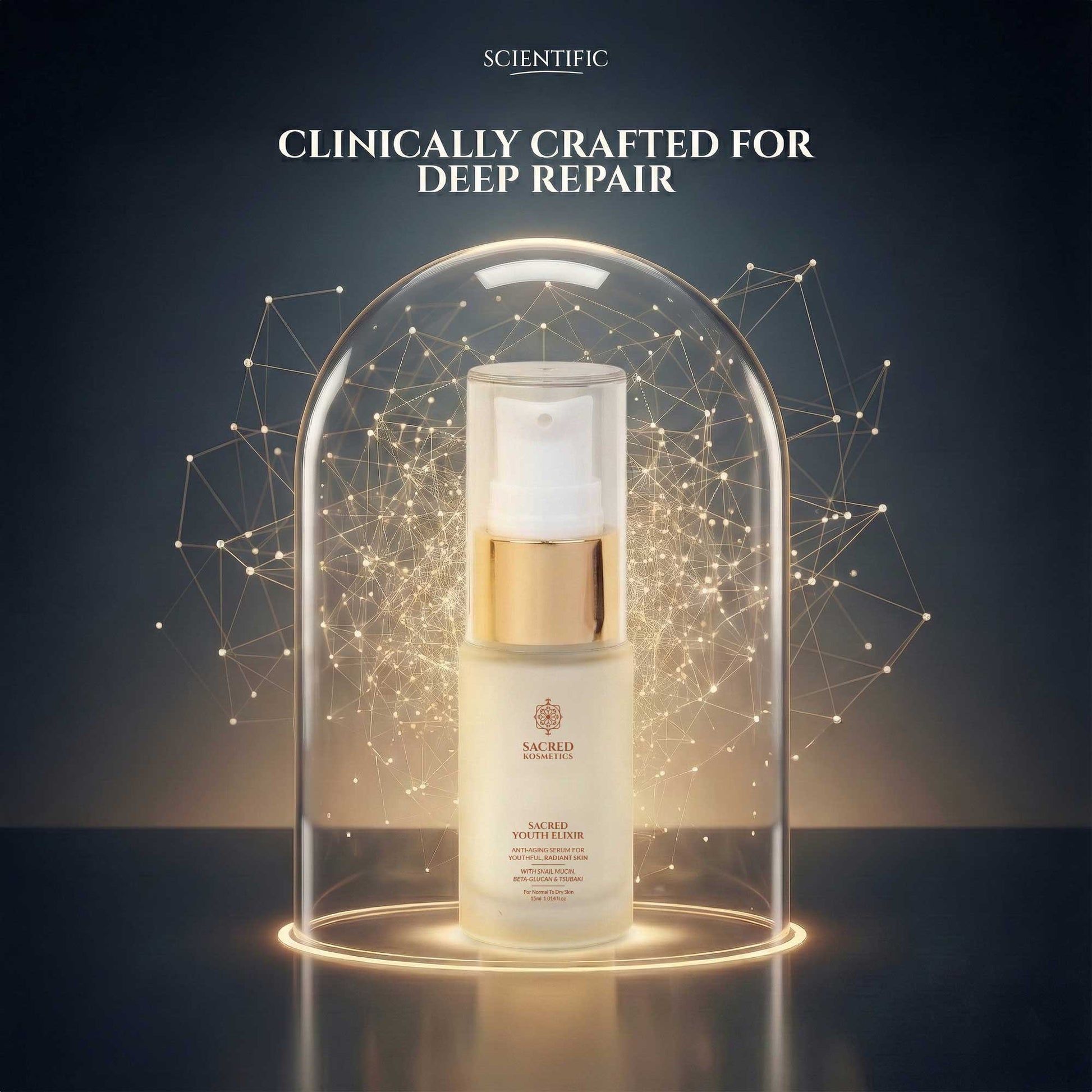 Skincare bottle under a glass dome with 'Scientific' branding and text 'Clinically Crafted for Deep Repair'.