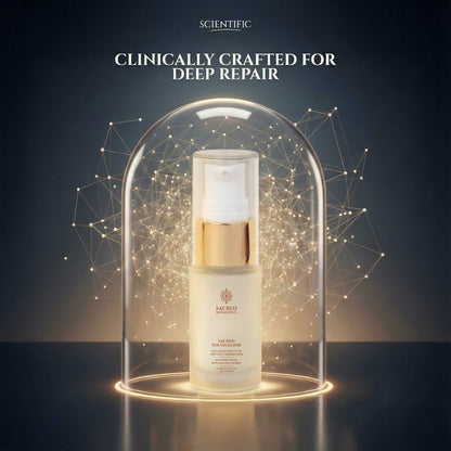 Skincare bottle under a glass dome with 'Scientific' branding and text 'Clinically Crafted for Deep Repair'.