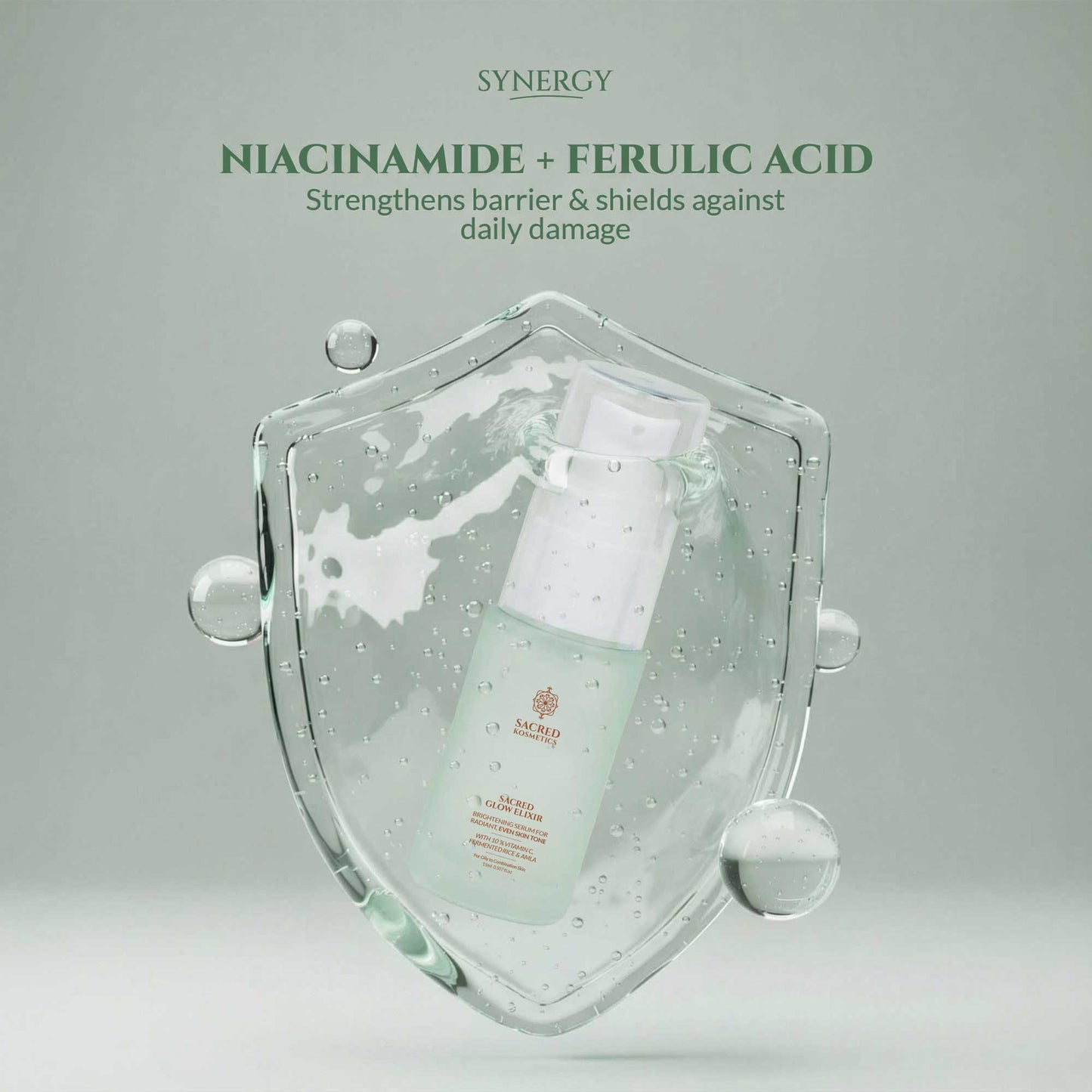 Cosmetic shield with skincare products and text about niacinamide and ferulic acid on a light gray background