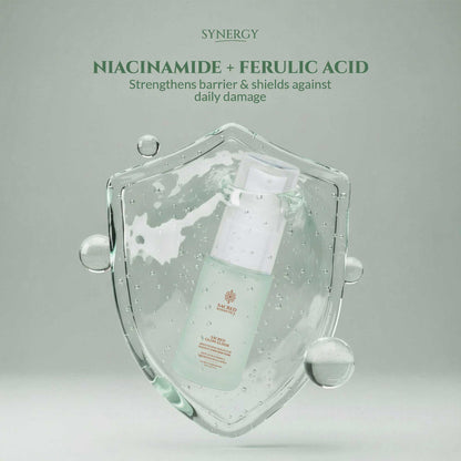 Cosmetic shield with skincare products and text about niacinamide and ferulic acid on a light gray background