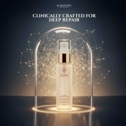 Skincare bottle under a glass dome with 'Scientific' branding and text about deep repair.