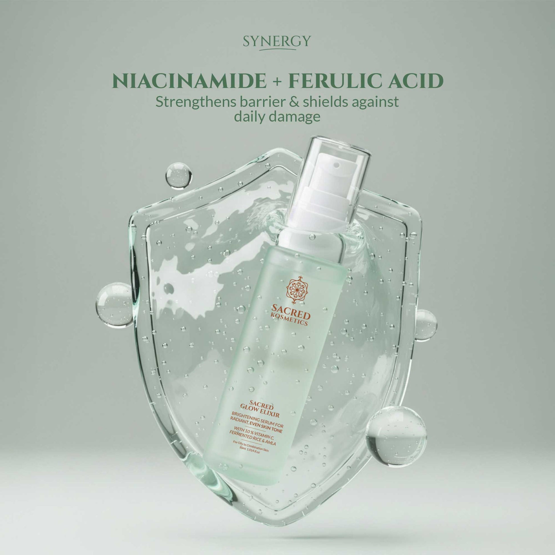 Skincare product with shield design and text about niacinamide and ferulic acid on a light gray background.