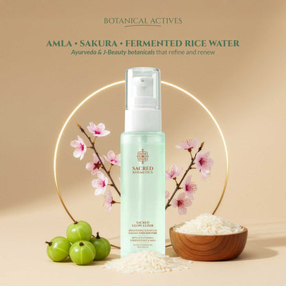 Skincare product with amla, sakura, and fermented rice water on a beige background