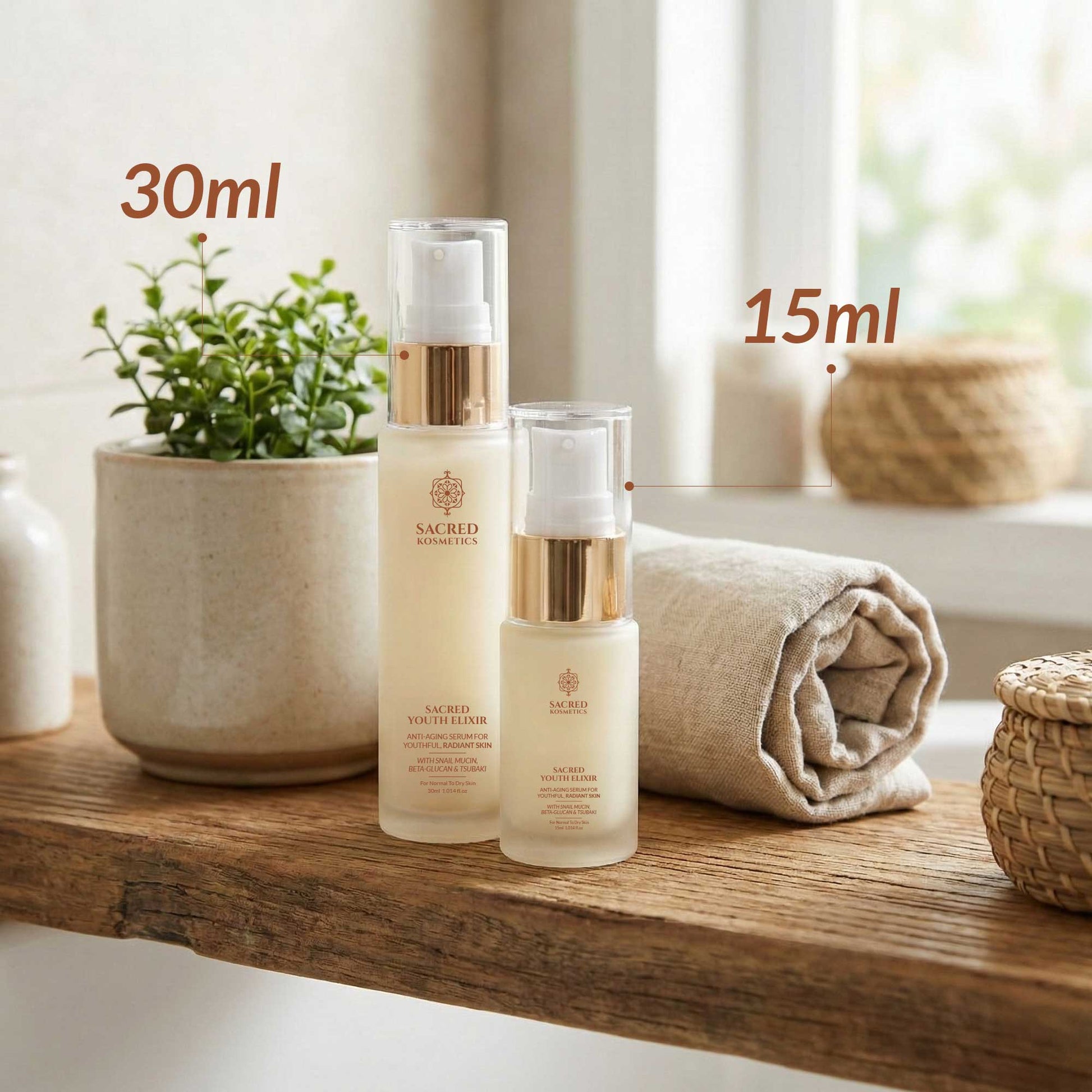 Two skincare bottles on a wooden shelf with plants and a towel in the background