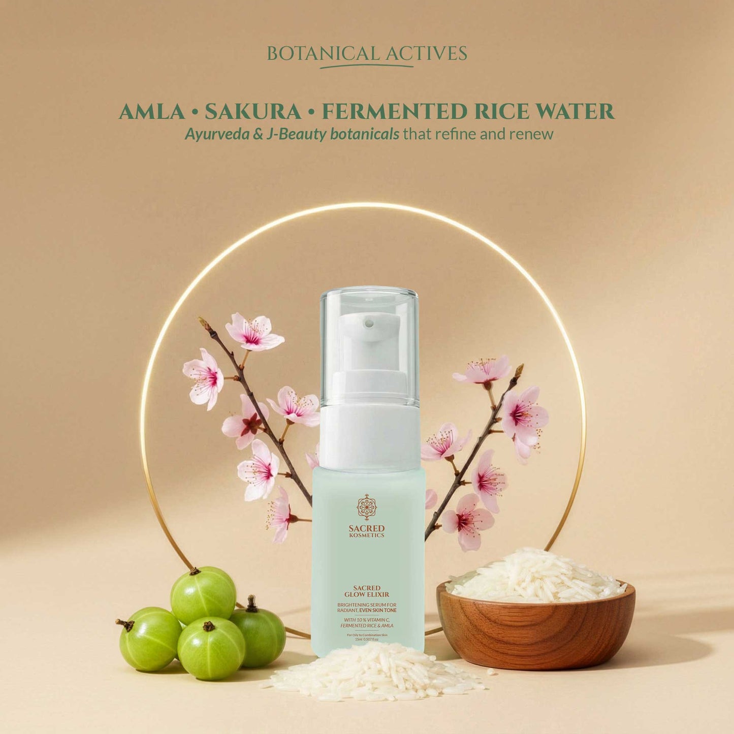 Skincare product with amla, sakura, and fermented rice water on a beige background