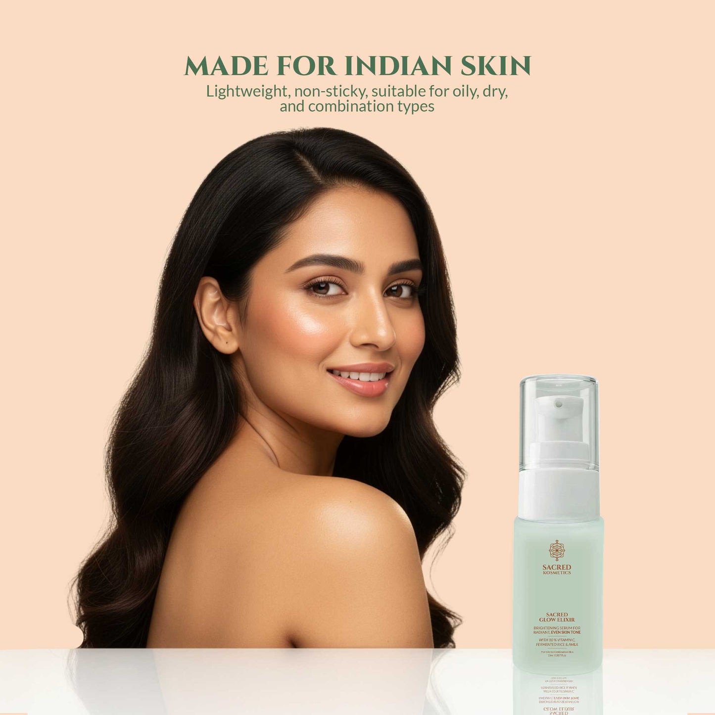 Woman with long dark hair and a bottle of skincare product on a beige background