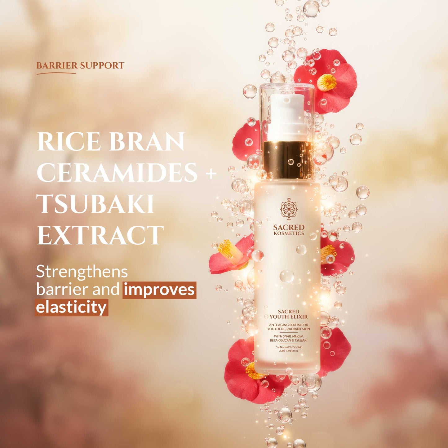 Skincare bottle with rice bran, ceramides, and tsubaki extract on a blurred floral background