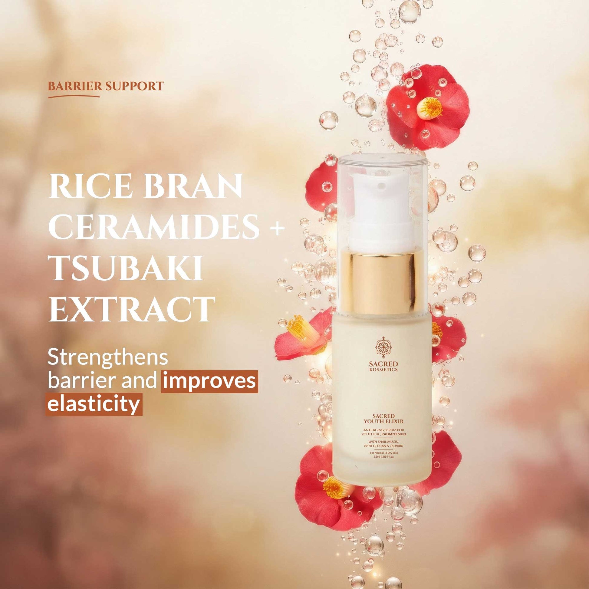 Skincare bottle with rice bran, ceramides, and tsubaki extract on a floral background