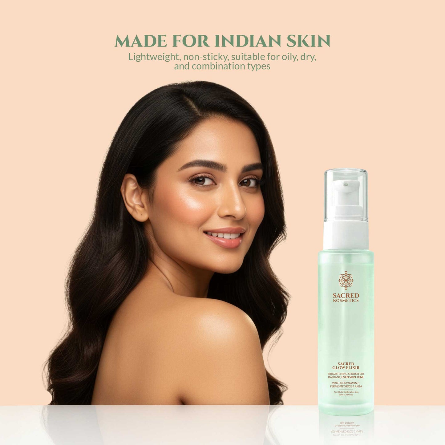 Woman with long dark hair and a bottle of skincare product on a beige background