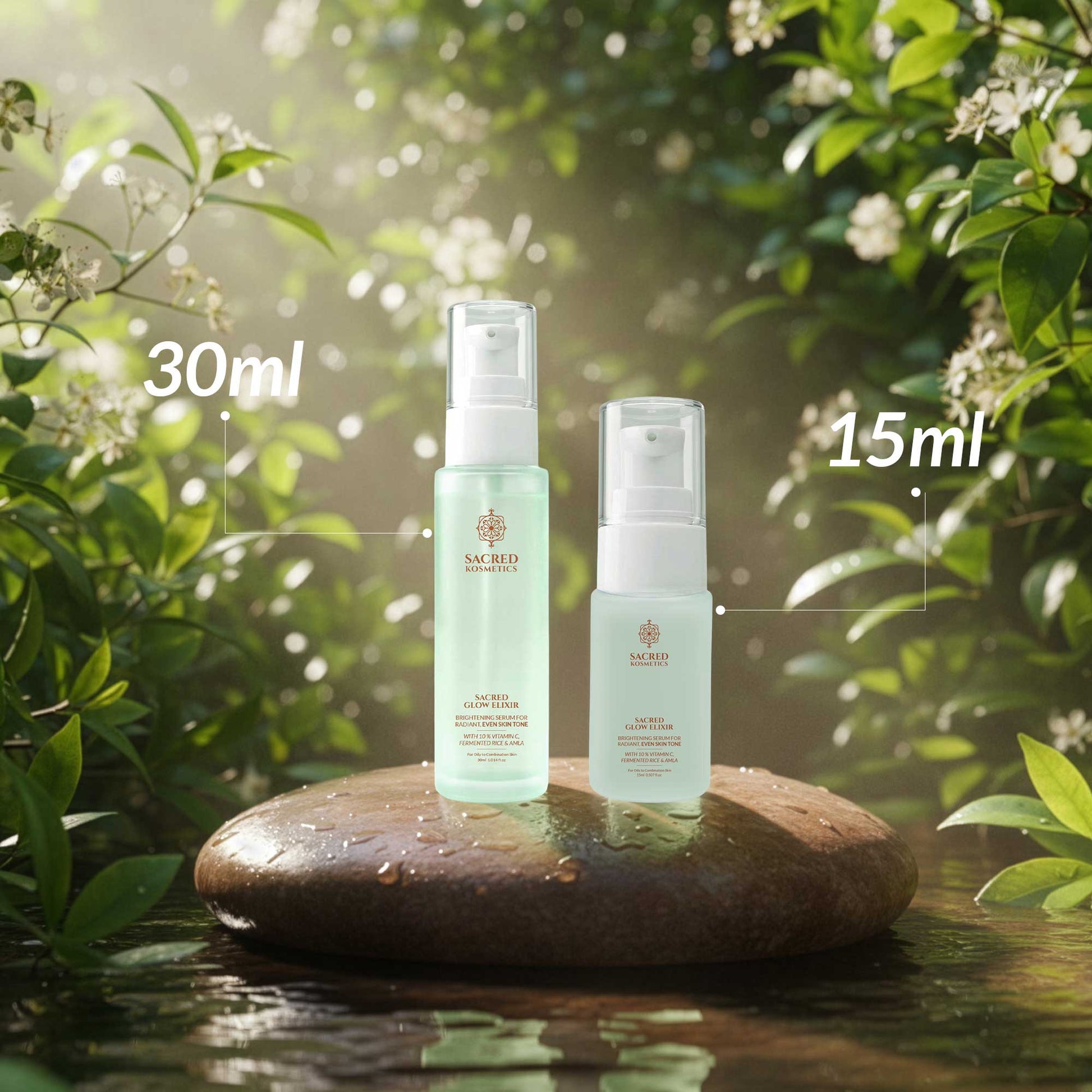 Two skincare bottles, one 30ml and one 15ml, on a stone with a natural background.