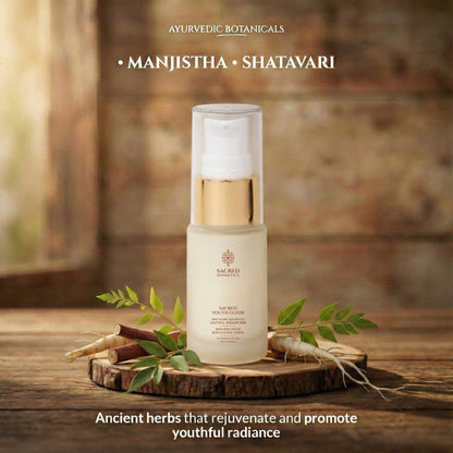 Skincare bottle with Ayurvedic botanicals on a wooden surface