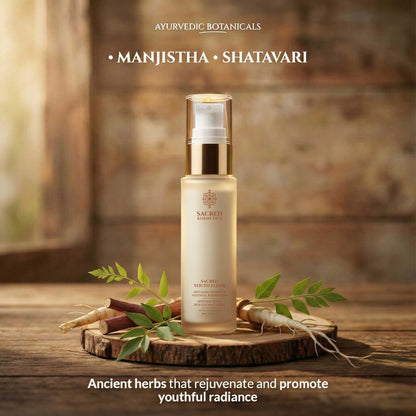 Skincare bottle with Ayurvedic botanicals on a wooden surface