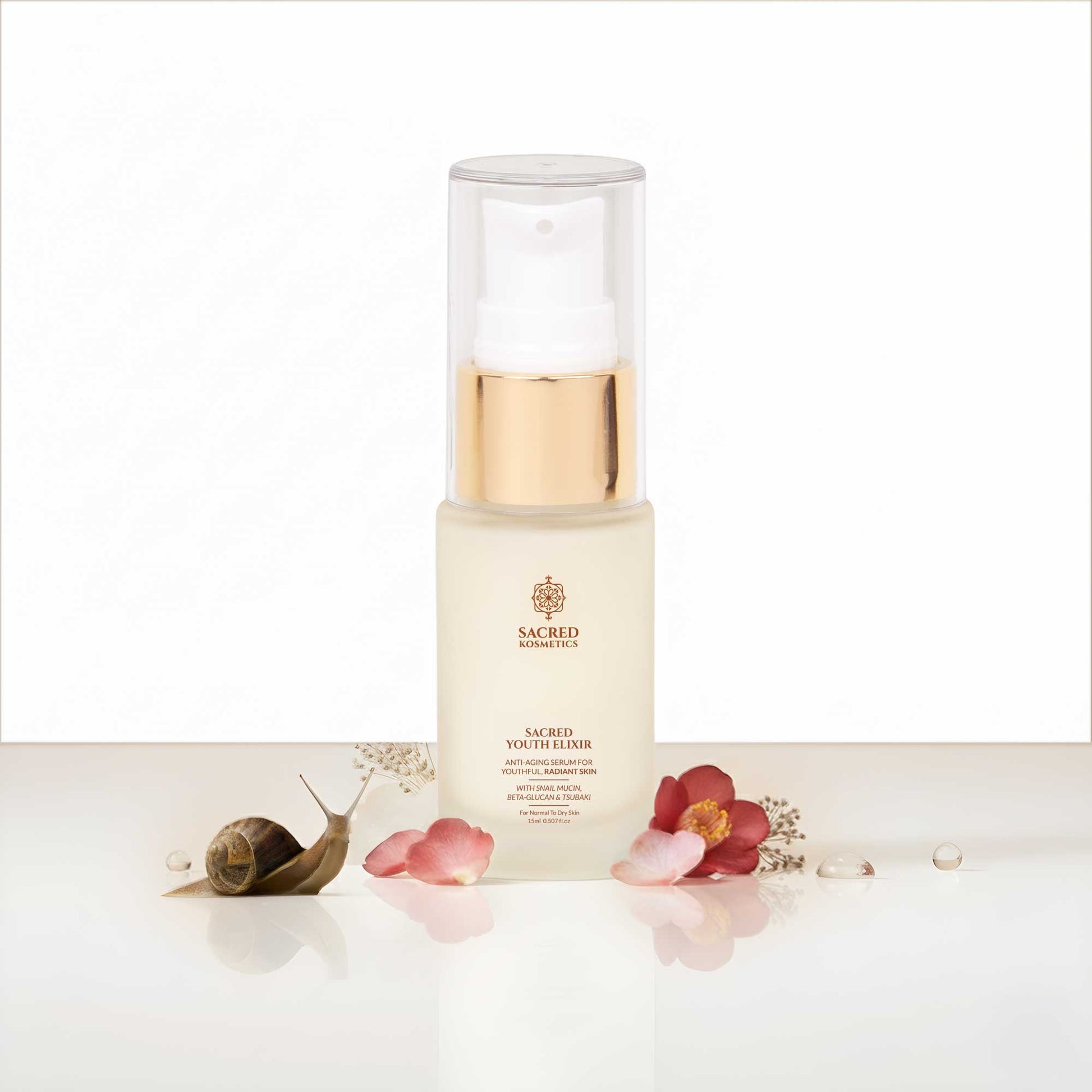 Skincare bottle with snail and flower on a white background